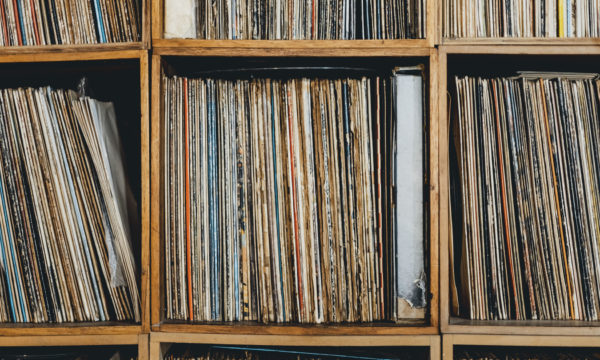 Front close-up of shelf with vinyl records