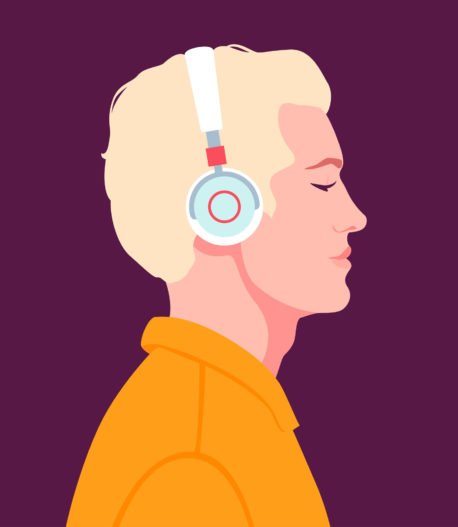 Young man listen to music on headphones. Music therapy. Guy profile. Avatar. Vector flat illustration.